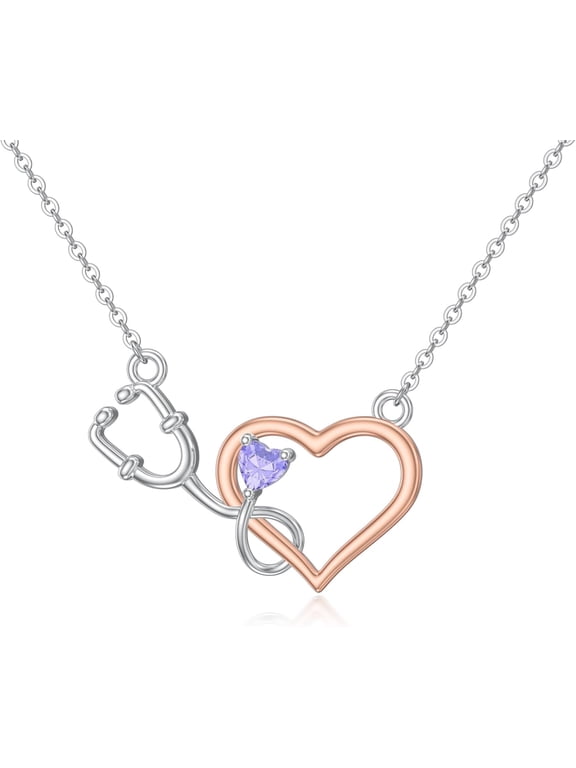 Stethoscope Necklace 925 Sterling Silver Birthstone Heart Nursing Necklace Nurse Jewelry Medical Gifts for Women Doctors Nurses Female RN APRN CNA EMT