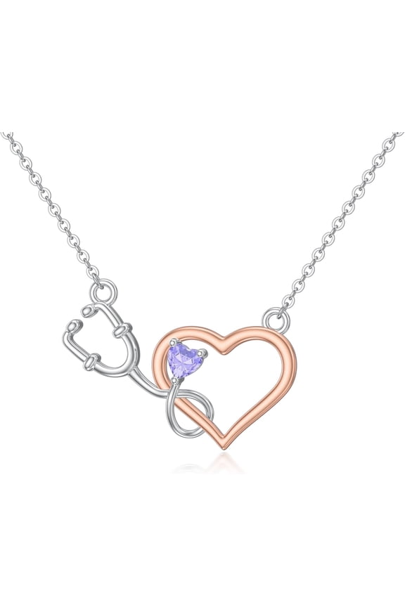 Stethoscope Necklace 925 Sterling Silver Birthstone Heart Nursing Necklace Nurse Jewelry Medical Gifts for Women Doctors Nurses Female RN APRN CNA EMT
