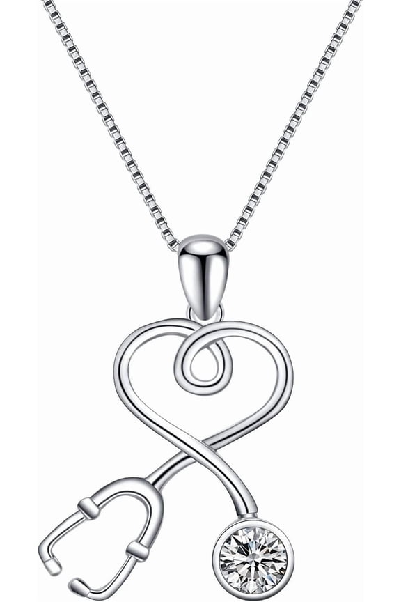 Stethoscope Necklace 925 Sterling Silver Embellished with 12 Months Birthstone Crystals from Austria, Graduation Gifts Medical Jewelry for Doctor Nurse Medical Student RN