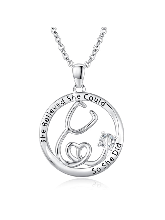 Stethoscope Necklace for Women S925 Sterling Sliver Medical Stethoscope April Birthstone Pendant Necklace Doctor Nurse Medical Student Jewelry Gifts for Graduation