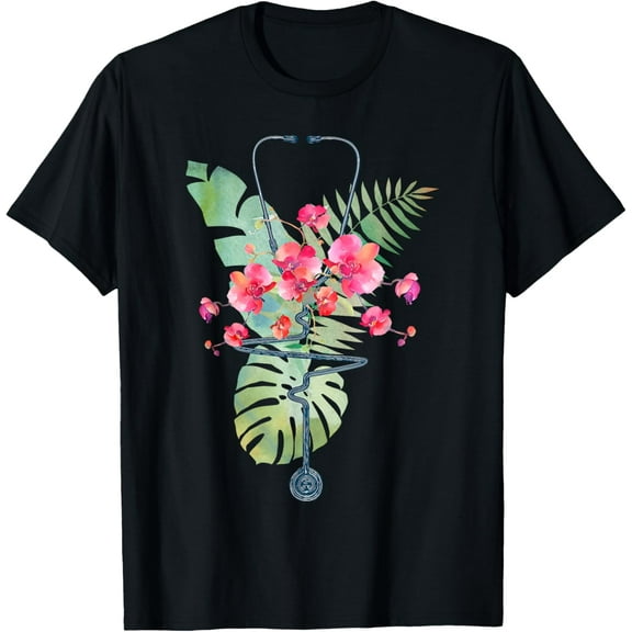 Stethoscope Tropical Flowers Summer Aloha Hawaii Rn Nurse T-Shirt Unisex S-5XL Hot Trending Shirt, Vintage Birthday Gift