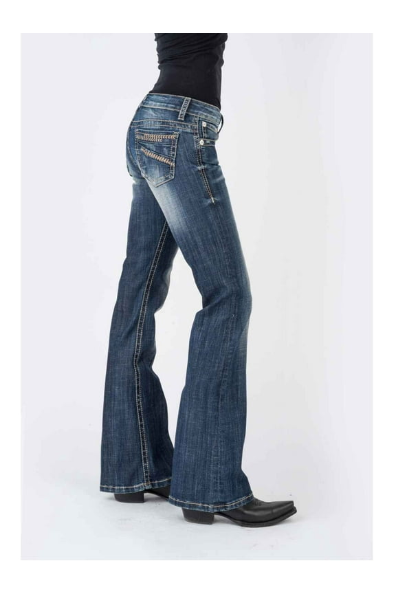 0816 Ladies Boot Cut Jean Plain Back Pkt W/Emb Details Blue