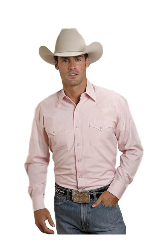 Men's Solid Oxford Long Sleeve Snap Western Shirt Pink Medium