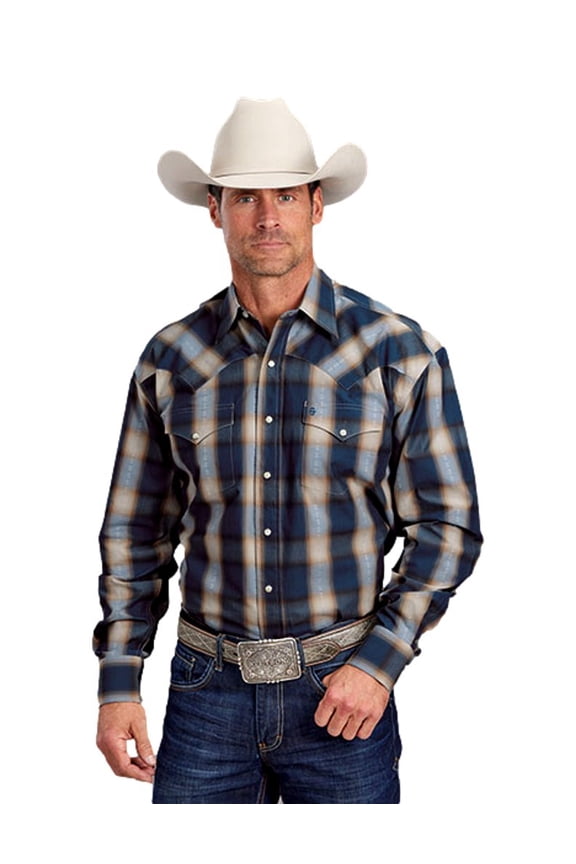 Western Shirt Mens L/S Plaid Snap XL Blue 11-001-0478-0738 BU