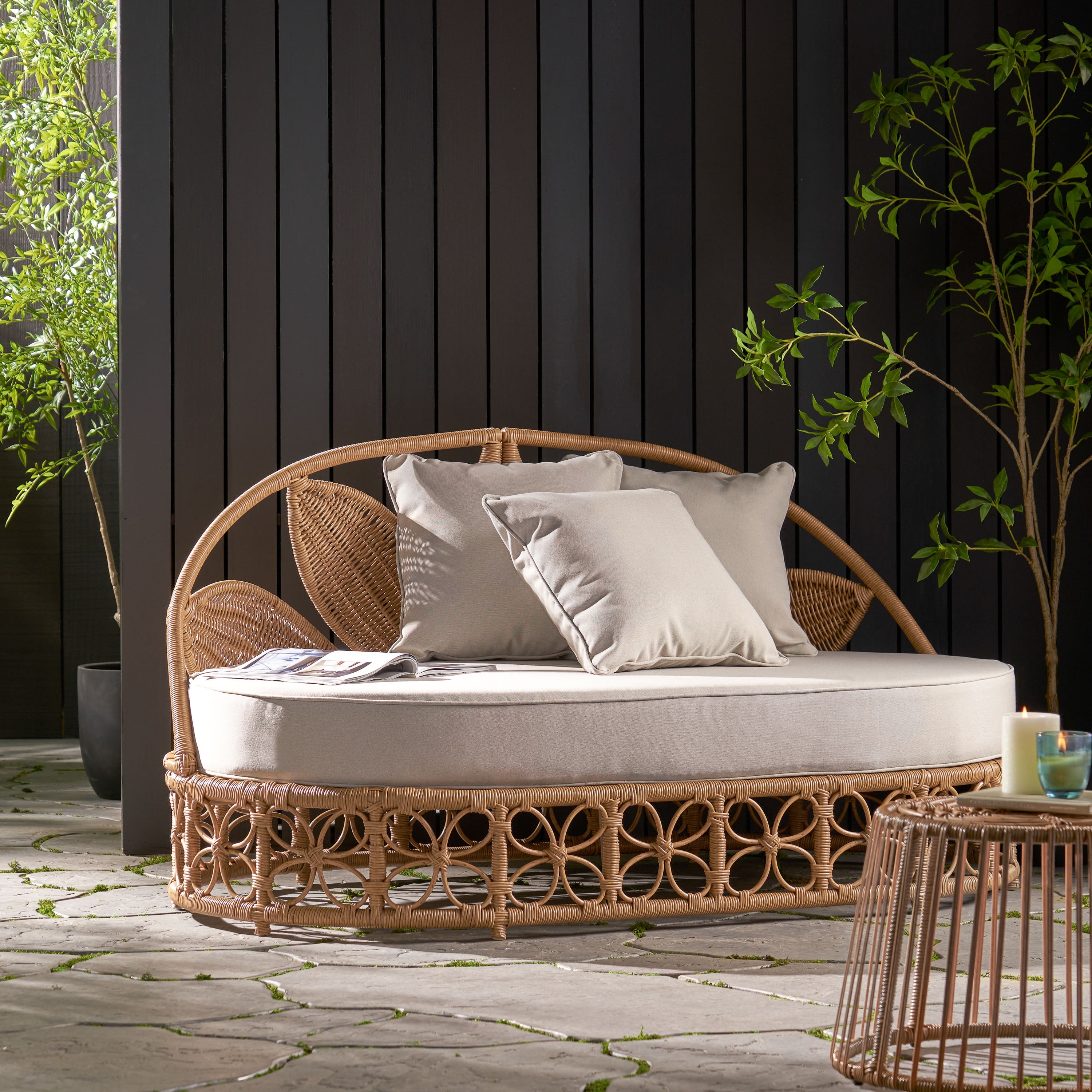 Stetson Beige and Light Brown Wicker Outdoor Daybed with Pillows