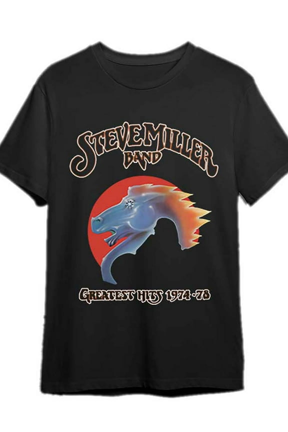 Steve Band Men's Vintage Graphic T-Shirt - 1977 Retro Dragon & Greatest Hits Tour Design, Soft Cotton Crew Neck Short Sleeve Tee for Summer Concerts & Casual Wear (Black), Rock Band T