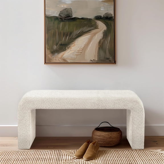 Steve Entryway Accent Bench Padded, Cozy Plush Boucle Upholstered Bench for Living Room, Modern Curved Corner Compact Bed End Bench for Bedroom, Indoor Seating, Fully Assembled, 42" W Cream