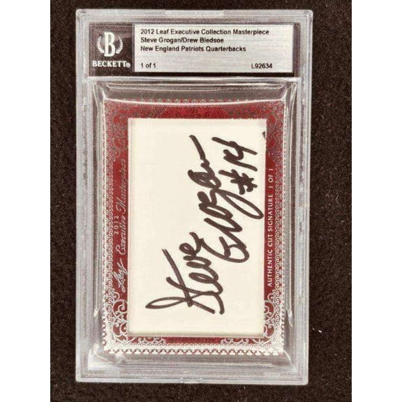 Steve Grogan Drew Bledsoe 2012 Leaf Masterpiece Cut Signature certified signed card 1/1 JSA Patriots