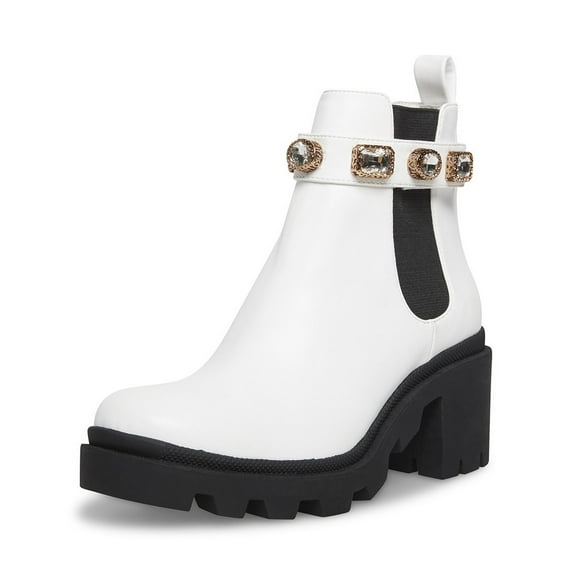 Steve Madden Amulet White Gold Stone Fashion Chelsea Platform Block Heel Boots (White, 5.5)