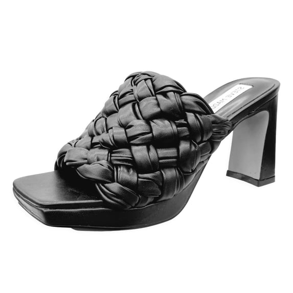 Steve Madden Braid Black Fashiion Slip On Block Mid Heel Open Toe Heeled Sandals (Black, 9.5)