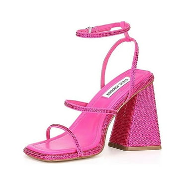 Steve Madden Britani Fuchsia Ankle Strap Squared Open Toe Block Heeled Sandals (Fuchsia, 5.5)