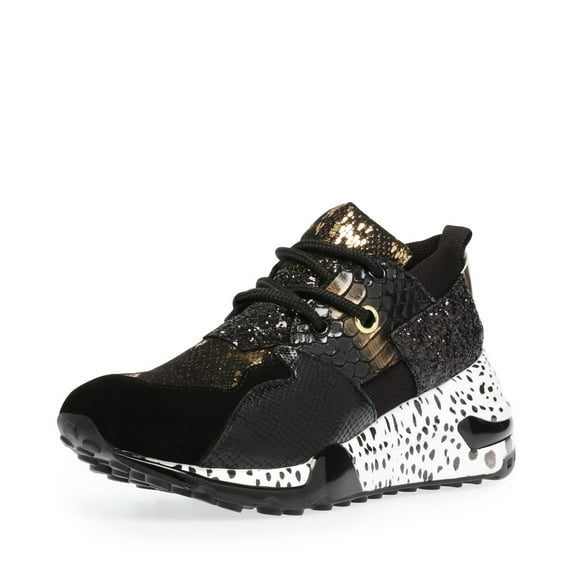Steve Madden Cliff Round-Toe Lace Up Platform Fashion Chunky Sneakers Black Gold (Black/Gold, 8)