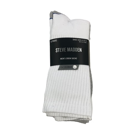 Steve Madden Men's Cushioned Comfy Athletic 6 Pack Crew Socks (White, 6-12.5)
