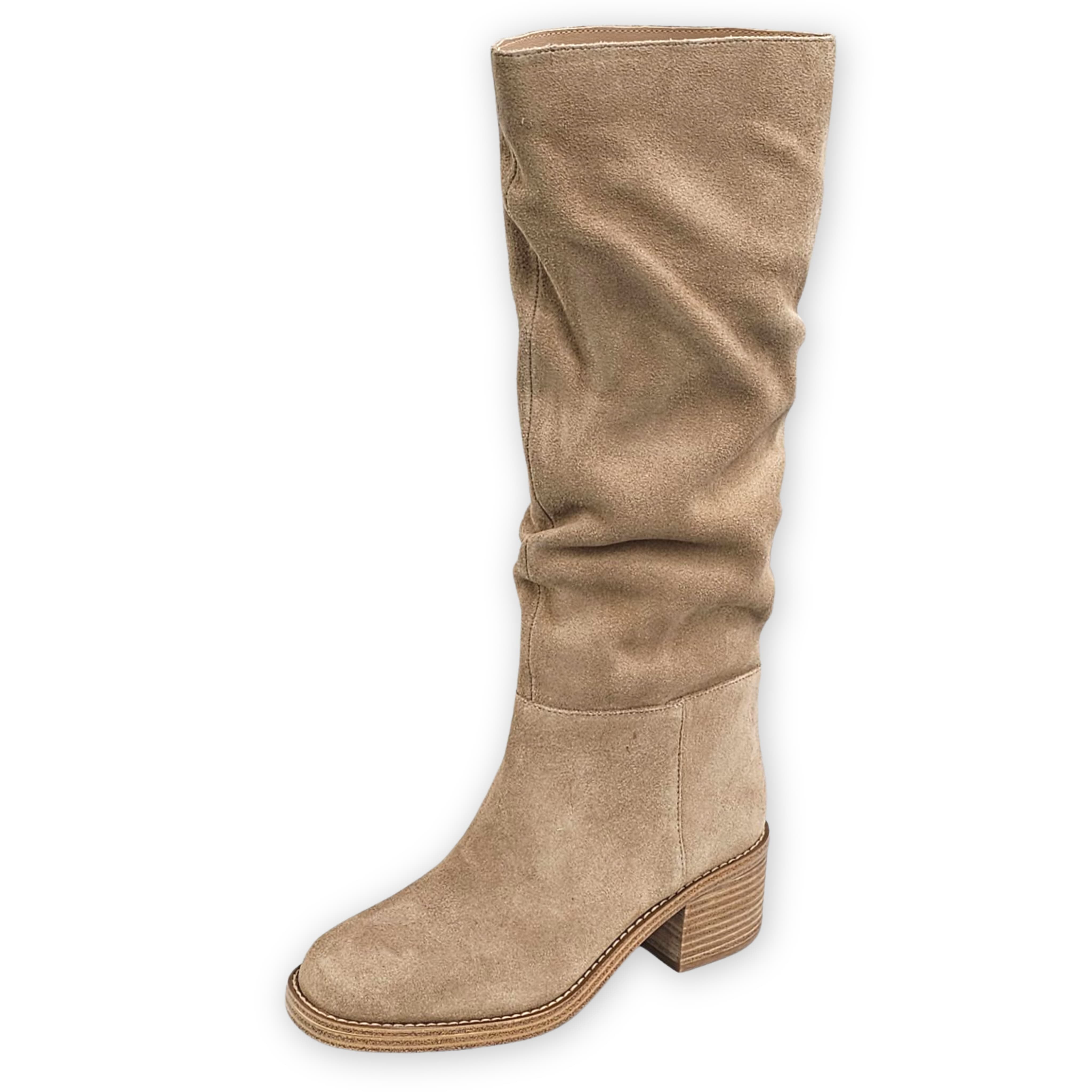 Steve Madden Darden Tan Suede Fashion Pull On Rounded Toe Low Heel Knee