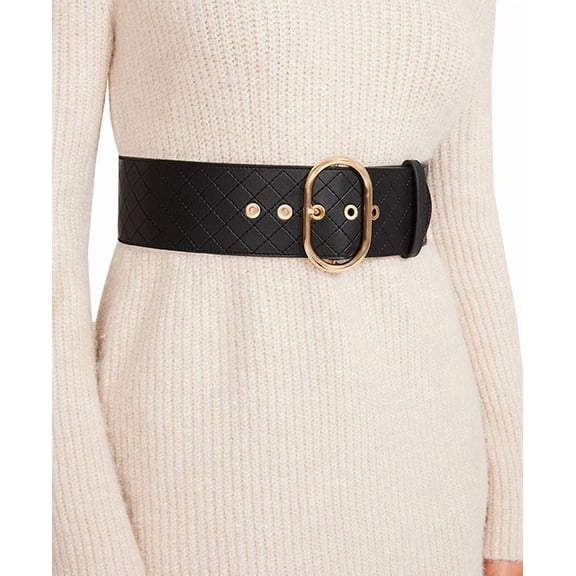 Steve Madden Diamond Quilted Stretch Faux-Leather Belt – Black/Gold, Large/X-Large