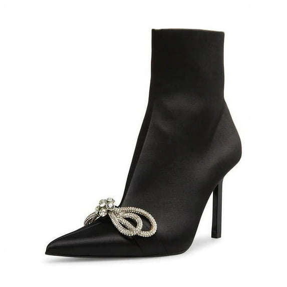 Steve Madden Elegant Black Satin Stiletto Heel Pointed Toe Rhinestone Bow Bootie (Black Satin, 8)