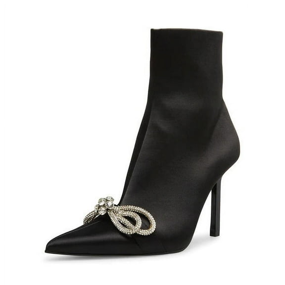 Steve Madden Elegant Black Satin Stiletto Heel Pointed Toe Rhinestone Bow Bootie (Black Satin, 9.5)
