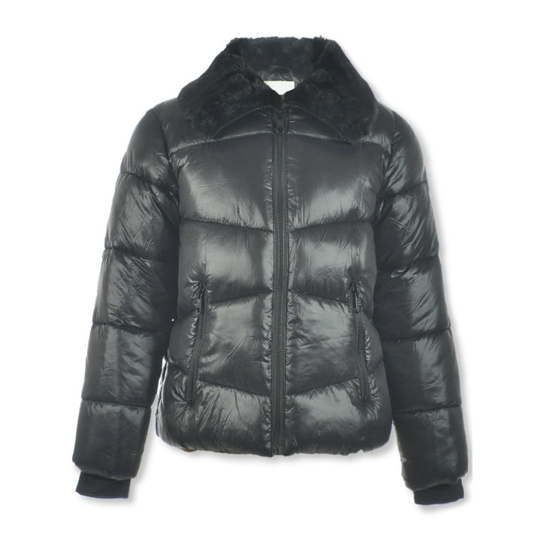 Steve Madden Girls Faux Fur Collar Puffer Jacket black 7 8