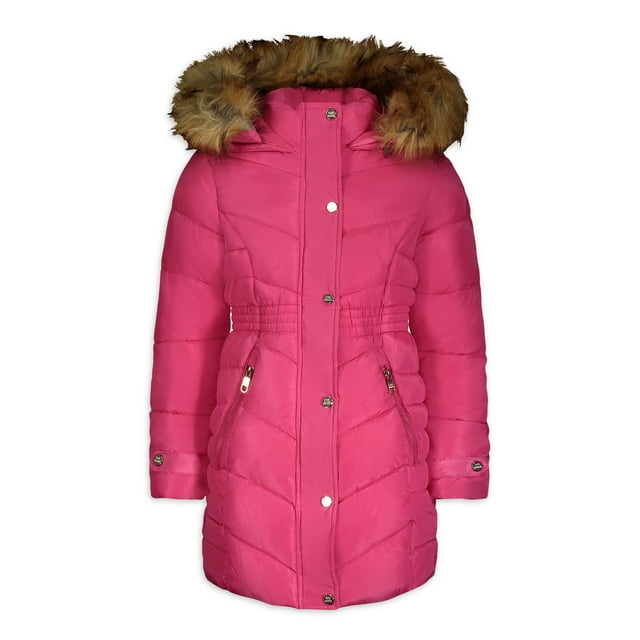 Steve Madden Girls Long Puffer Coat with Faux Fur Trimmed Hood Sizes 7 ...