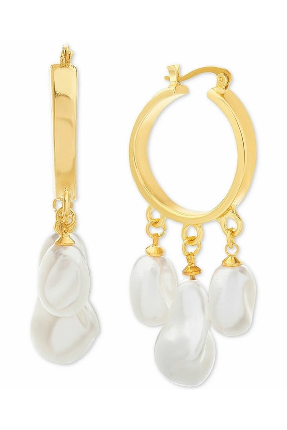 Gold-Tone Imitation Baroque Pearl Charm Hoop Earrings