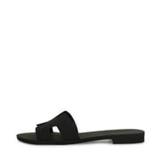 Steve Madden Hadyn-J Black Leather Slip On Open Rounded Toe Fashion Flat Sandals (Black Leather, 8)