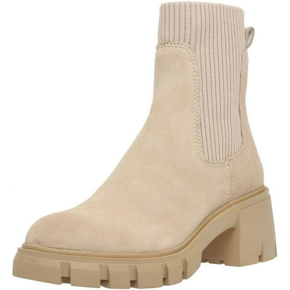 Steve Madden Holley Sand Suede Chunky Block Heel Rounded Toe Pull On Ankle Boots (Sand Suede, 11)