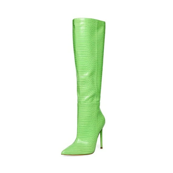 Steve Madden Idina Green Crocodile Stiletto Knee High Heel Pointed Toe Boots (Green Crocodile, 7)