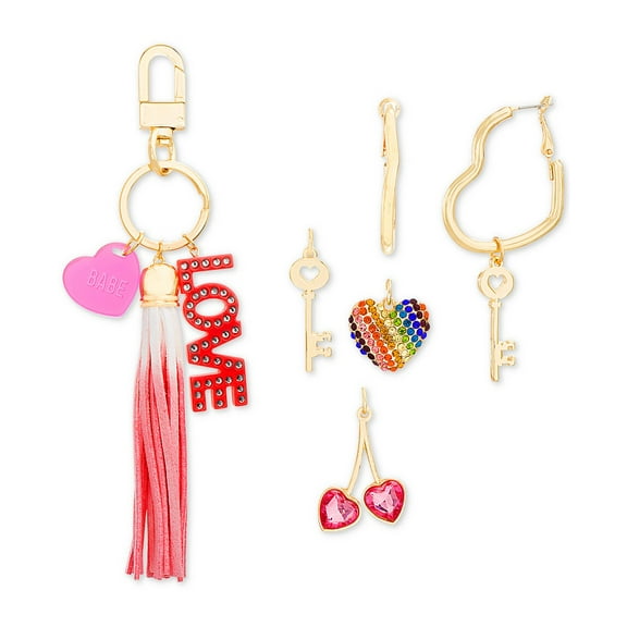 Steve Madden Interchangeable Charm Key Ring & Heart Hoop Earrings Sets, Gold