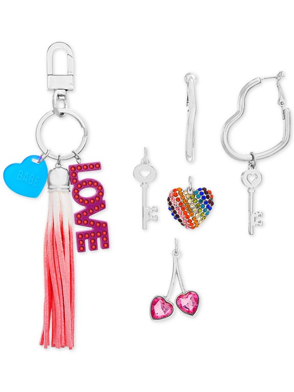 Interchangeable Charm Key Ring & Heart Hoop Earrings Sets, Silver