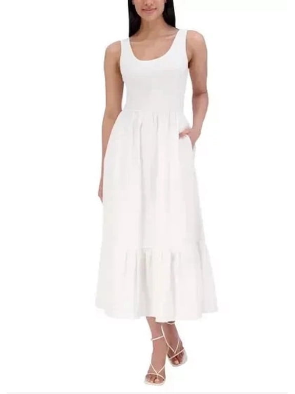 Womens Scoop Neck Sleeveless Maxi Dress, White, Size L