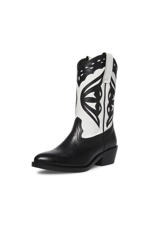 Laredo-M Black/White Western Cowboy Stacked Block Heel Ankle Boots (Black/White, 6)