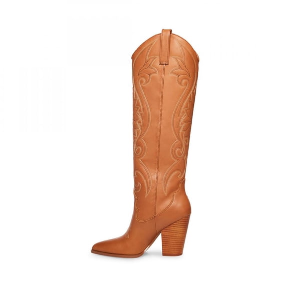 Steve Madden Lasso Cognac Pull On Stacked Block Heel Pointed Toe Knee High Boots (Cognac, 11)