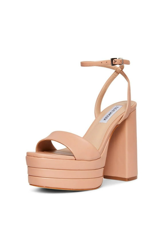 Lia Natural Ankle Strap Block Heel Rounded Open Toe Heeled Sandals (Natural Layered Platform, 11)
