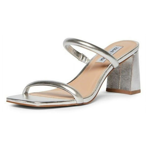 Steve Madden Lilah Silver Slip On Squared Open Toe Block Heeled Sandals (Silver, 7.5)