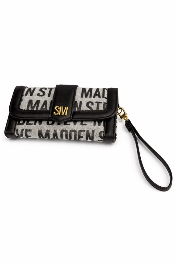 Logo Print Flap Wristlet Wallet with Strap, Black & Beige