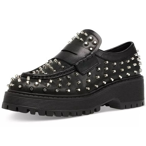 Steve Madden Malvern Black Embellished Slip On Rounded Close Toe Chunky Heeled Loafer (Black Stud, 9)