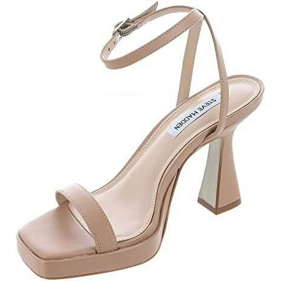 Steve Madden Nicky Tan Leather Ankle Strap Squared Open Toe Flared Heel Sandal (Tan Leather, 8.5)