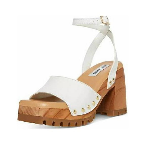 Steve Madden Ocala White Leather Ankle Strap Squared Open Toe Platform Sandals (White leather, 6.5)
