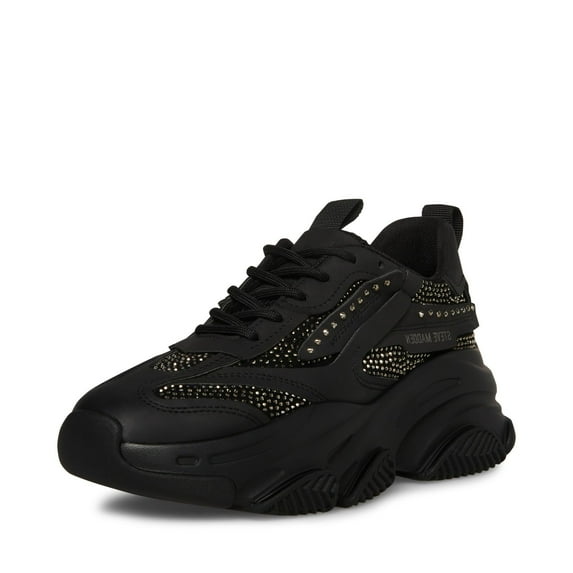 Steve Madden Possession Black Rhinestone Embellished Lace Up Low Top Sneakers (Black Rhinestone, 9.5)