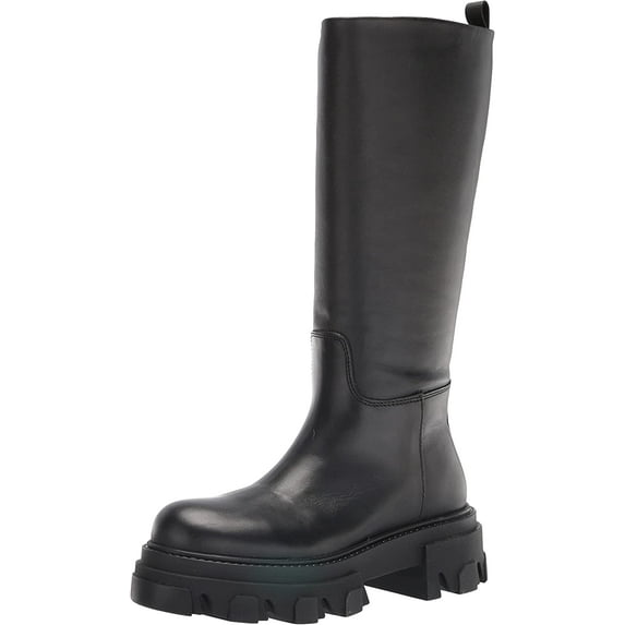 Steve Madden Priority Black Leather Chunky Lug Sole Rounded Toe Pull On Boots (Black Leather, 9)