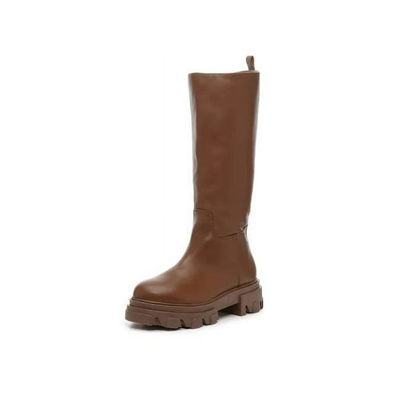 Steve Madden Priority Cognac Leather Chunky Lug Sole Rounded Toe Pull On Boots (Cognac Leather, 8)