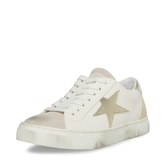 Steve Madden Rezume White/Gold Lace-Up Round Closed Toe Fashion Sneakers (White/Gold Star, 6.5)