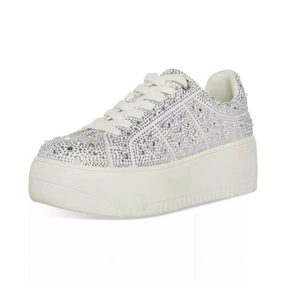 Steve Madden Rockaway-R White Lace Up Rounded Toe Low Top Fashion Sneakers (White Rhinestone, 6)