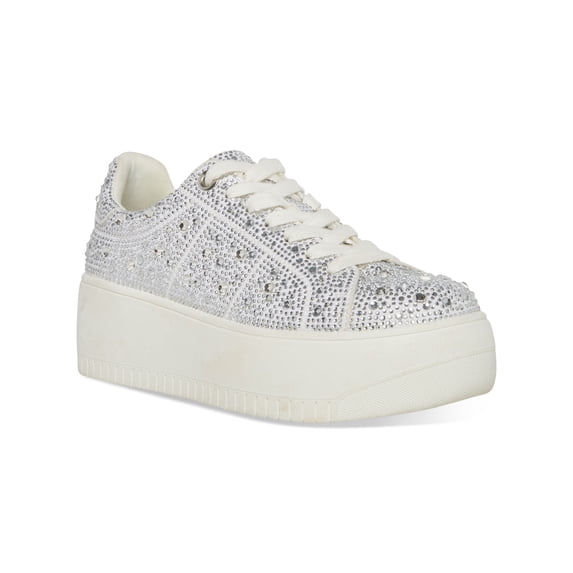STEVE MADDEN Womens White Mixed Media 1-1/2" Platform Rhinestone Padded Rockaway Round Toe Platform Lace-Up Sneakers Shoes 9 M