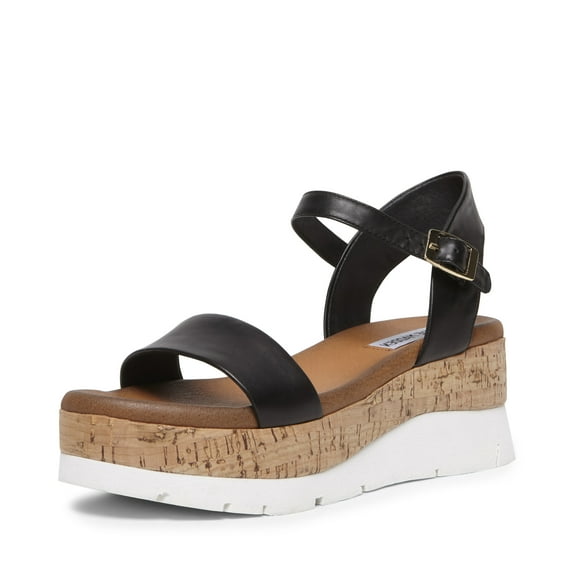Steve Madden Roselita Ankle Strap Cork Lightweight Platform Wedge Sandals (BLACK LEATHER, 9)