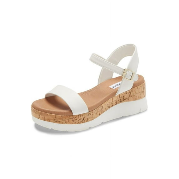 Steve Madden Roselita Ankle Strap Cork Lightweight Platform Wedge Sandals (White Leather, 6)