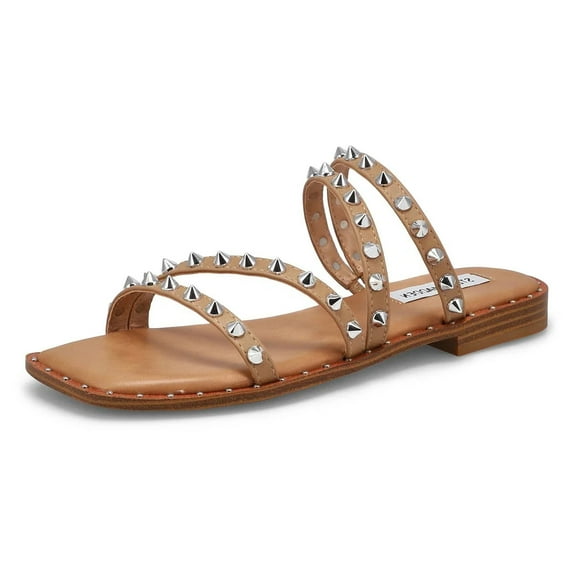Steve Madden Selina Tan Squared Open Toe Spike Detailed Slip On Flats Sandals (Selina Tan, 5.5)