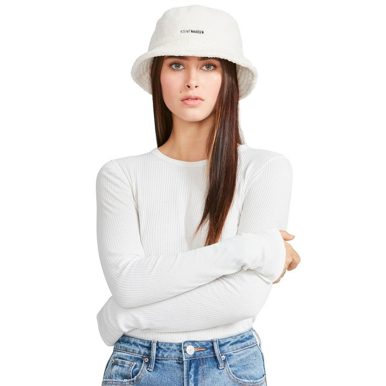 Steve Madden Sherpa Bucket Hat with Satin Lining and Embroidered Logo,  White