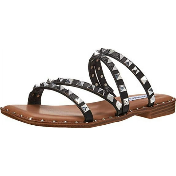 Steve Madden Skyler Black Fashion Flat Studded Slip On Square Open Toe Sandals (Black, 9.5)