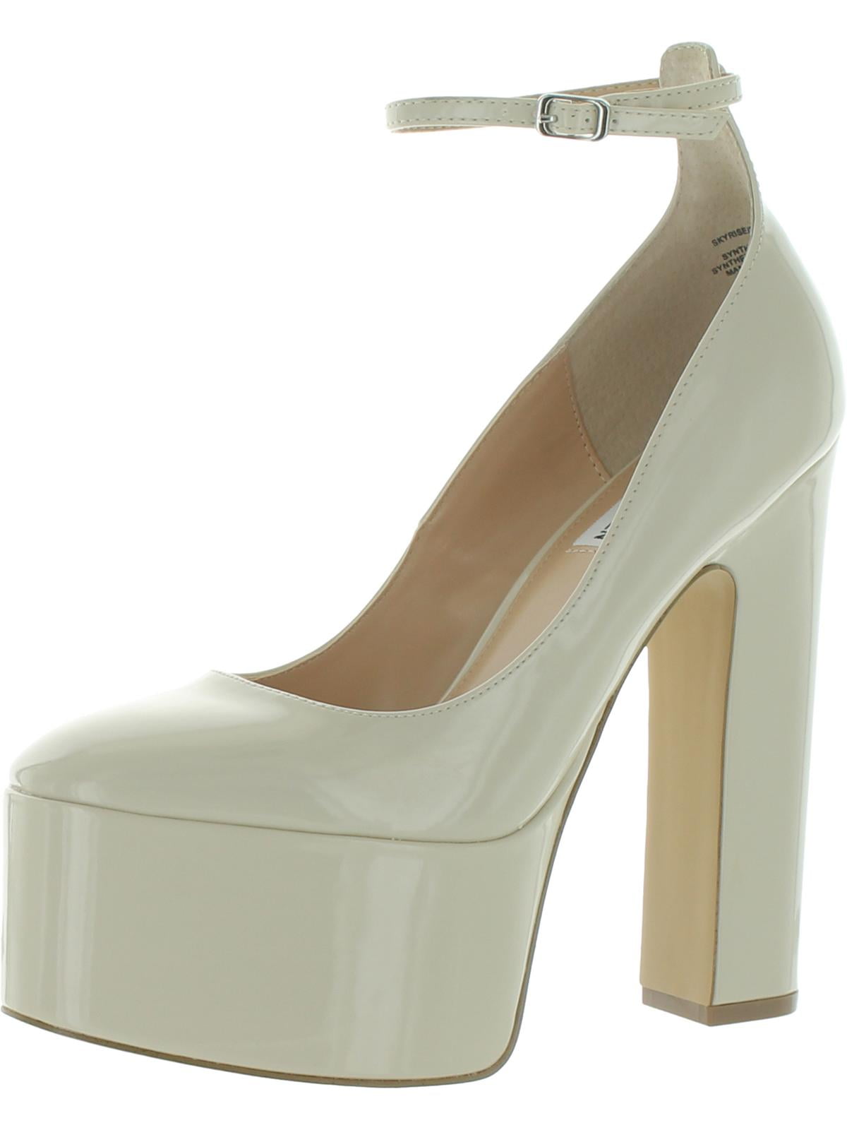 Steve Madden Skyrise Bone Patent Block Heel Almond Toe Ankle Strap